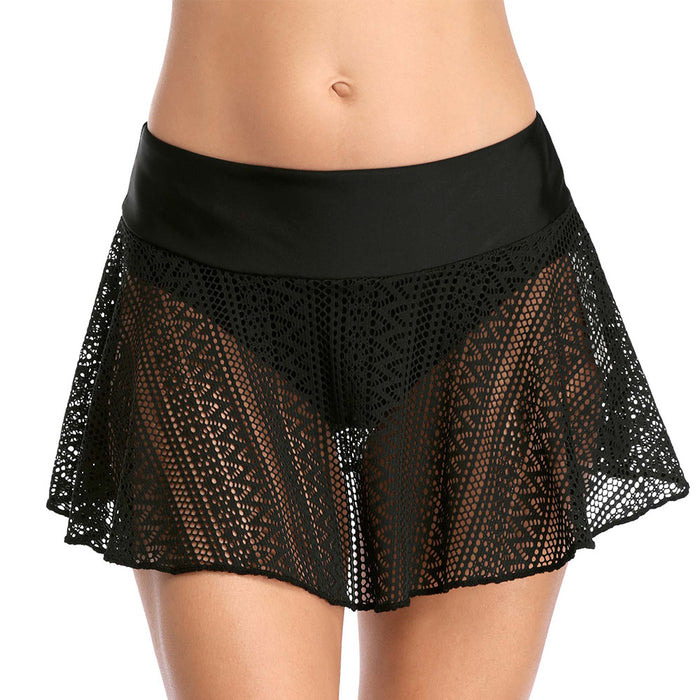 A Beachy Cover Ups black high-waisted mesh beach shorts with lace detailing, perfect for beach attire.