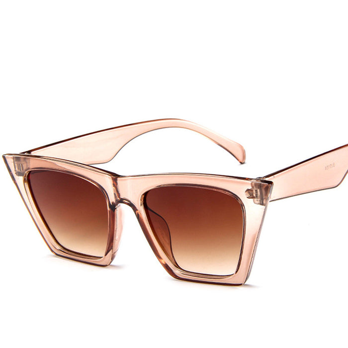 A pair of Trapezoid Retro Sunglasses by Beachy Cover Ups with pink frames and brown lenses.