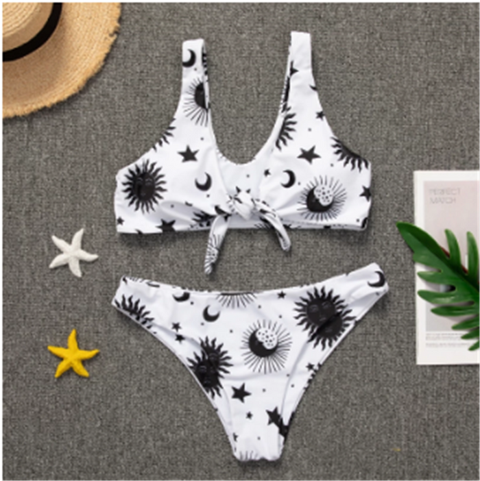 Black and white Astro Stars Sun And Moon Beach Bikini set with star print by Beachy Cover Ups.