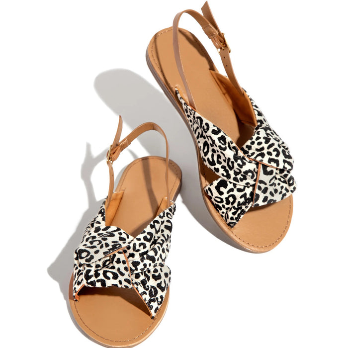 A pair of leopard print Ribbon Tie Flat Sandals Beach Slippers by Beachy Cover Ups on a white background.