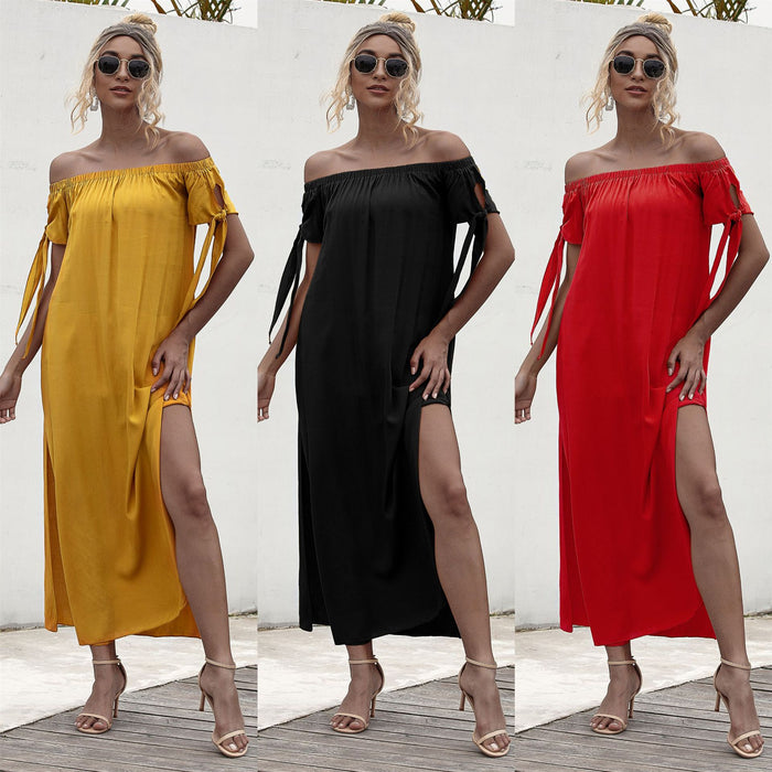 Beachy Cover Ups' Summer Straight Shoulder Split Beach Dress, featuring off shoulder and slit sleeves.