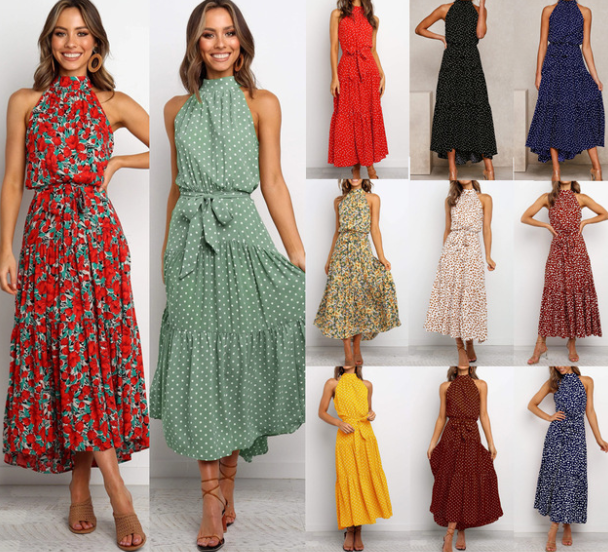 Beachy Cover Ups' Floral Or Polka Halter long Dress With Front Ribbon Tie available in different colors with a helpful size chart for easy customer service.