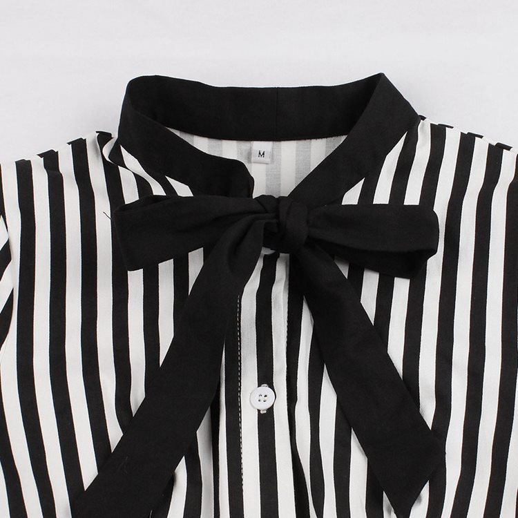 Retro Striped Button Vintage Summer Striped Dress With Bowtie