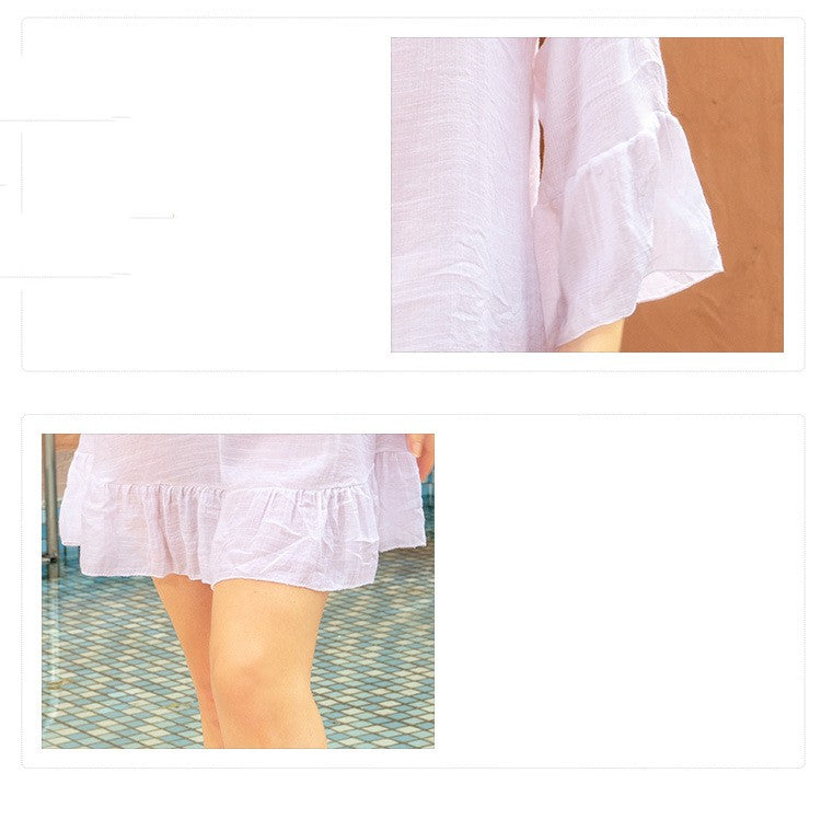 A sun-kissed woman flaunting a Beachy Cover Ups Pretty Open Neck Beach Top exudes beach vibes in two pictures.