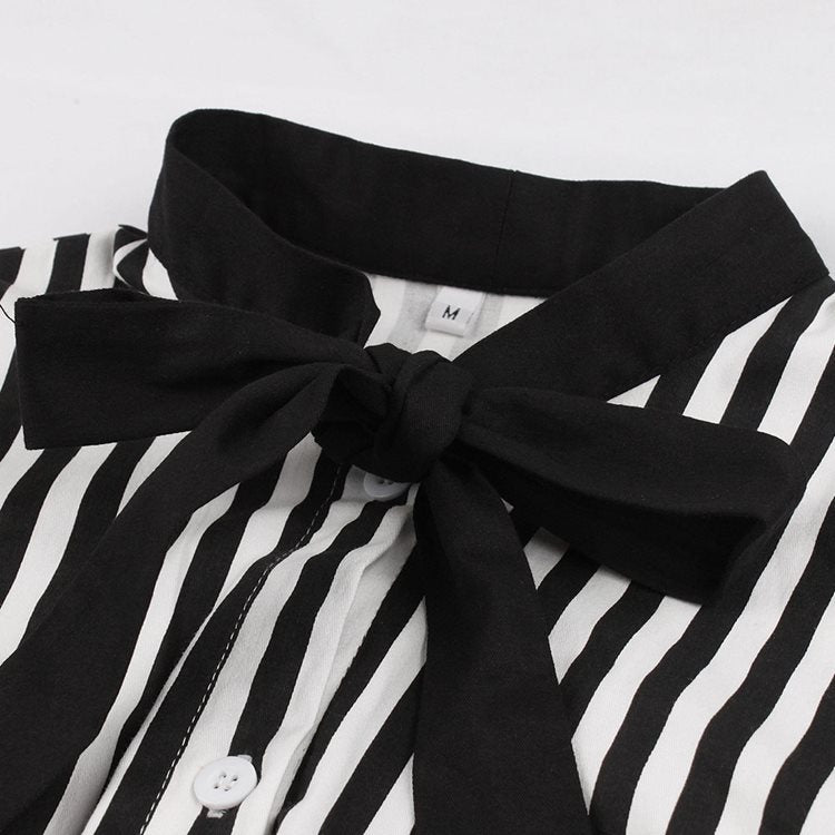 Retro Striped Button Vintage Summer Striped Dress With Bowtie