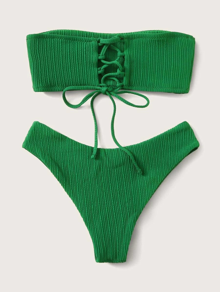 Beachy Cover Ups Beachy Bandeau Bikini Solid Striped Texture with a ribbed texture.