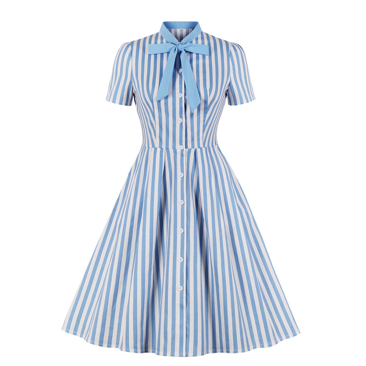 Retro Striped Button Vintage Summer Striped Dress With Bowtie