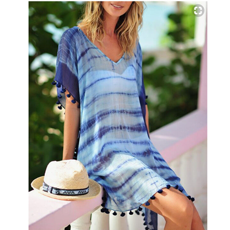 Blue Loose Beach Blouse Ball Sleeves