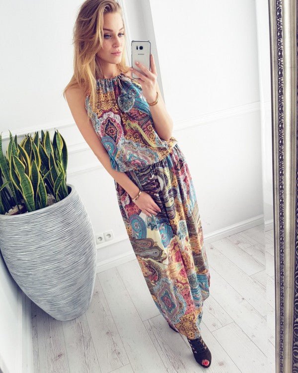 Dye Designed Printed Halter Long Beach Dress - Beachy Cover Ups