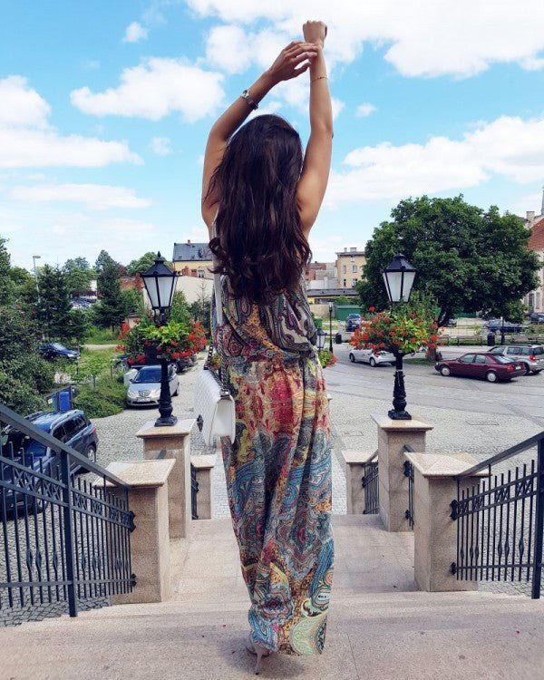 Dye Designed Printed Halter Long Beach Dress - Beachy Cover Ups