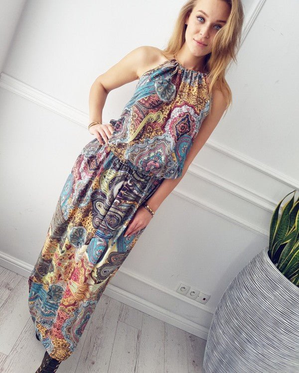 Dye Designed Printed Halter Long Beach Dress - Beachy Cover Ups