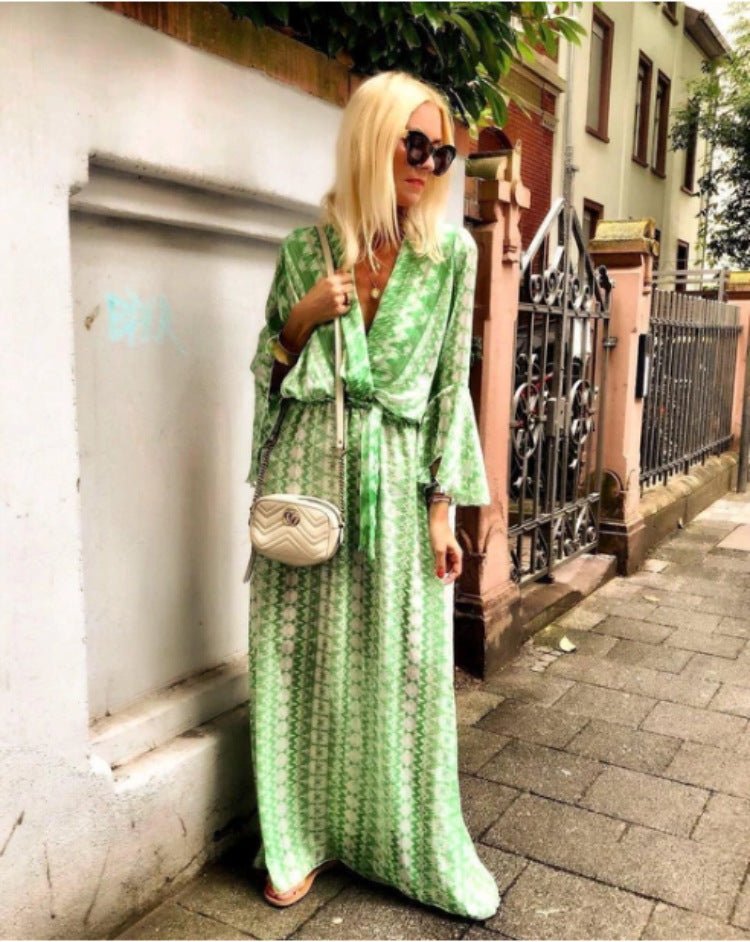 Psychedelic Long Waist Tie Vacation Summer Dress - Beachy Cover Ups