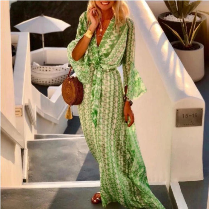 Psychedelic Long Waist Tie Vacation Summer Dress - Beachy Cover Ups