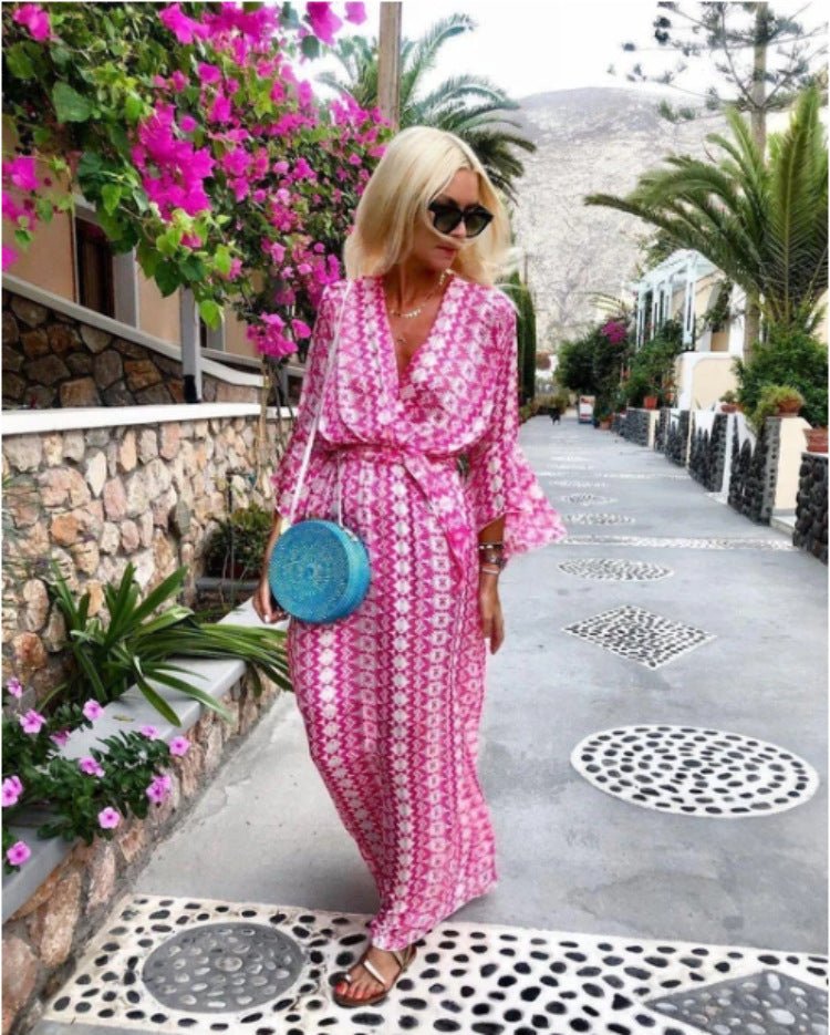 Psychedelic Long Waist Tie Vacation Summer Dress - Beachy Cover Ups