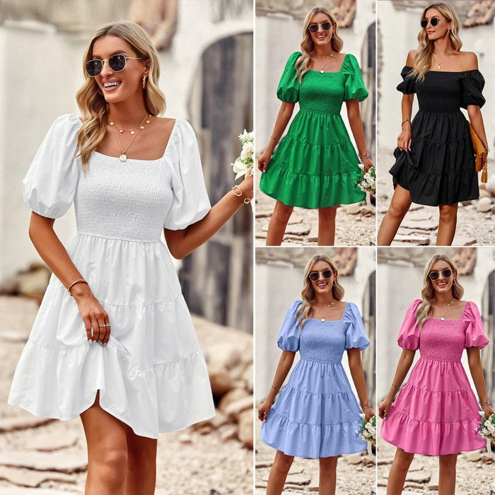 Square Neck Long Puff Short Sleeve Mini Dress - Beachy Cover Ups